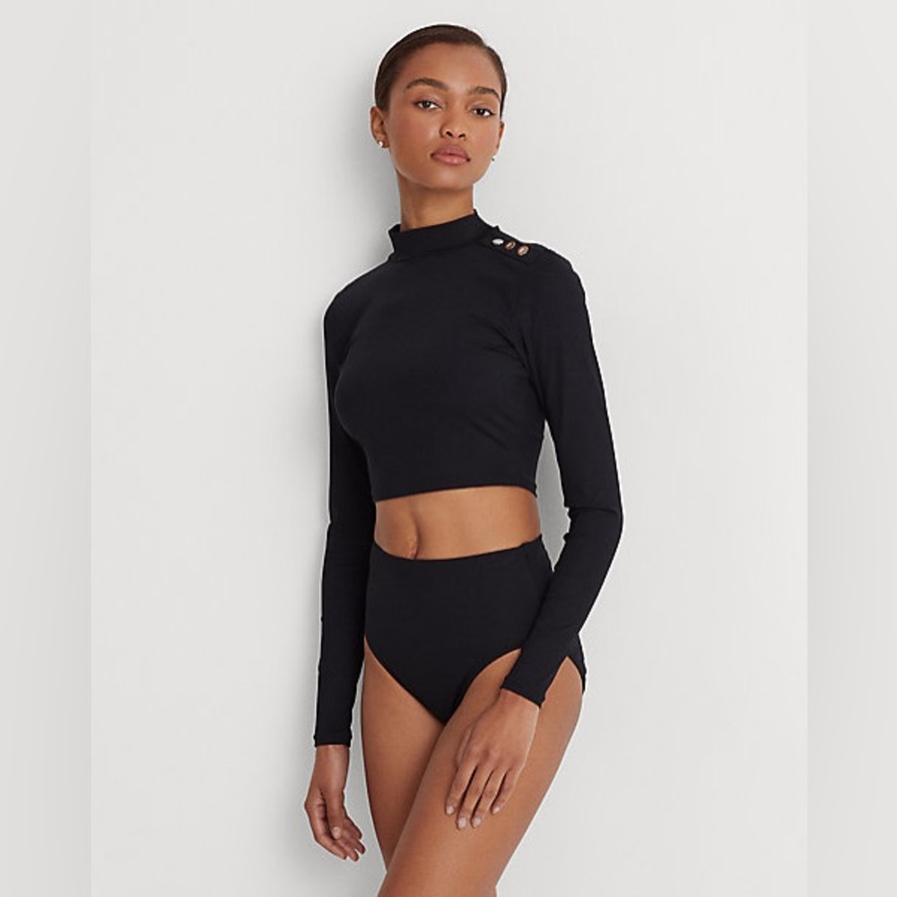 Lauren Ralph Lauren Ribbed Cropped Mockneck Rash Guard Black Swim TOP ONLY NEW - Picture 3 of 9